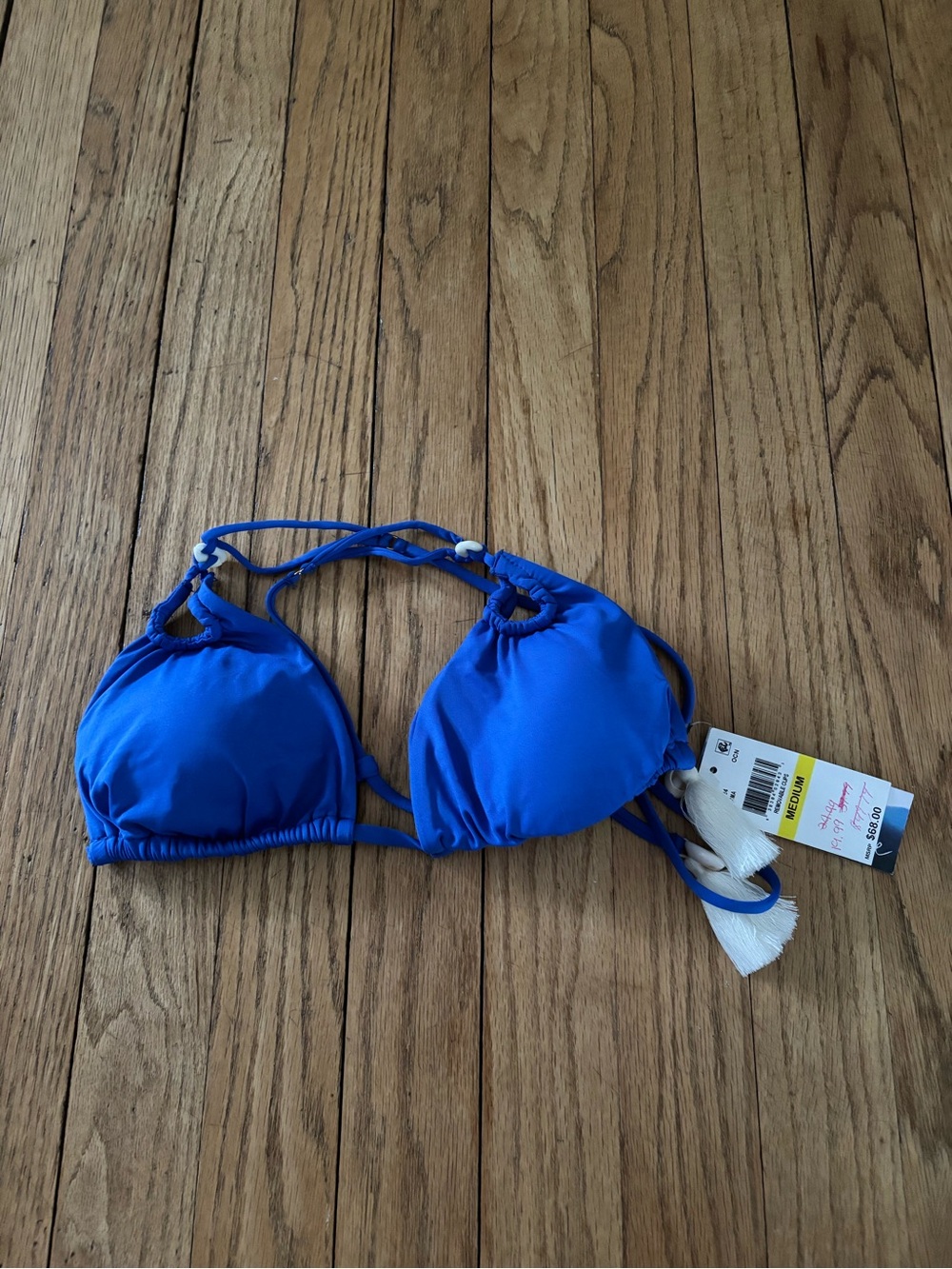 Isabella Rose blue bikini top with sea shells, tassels, medium new with tags